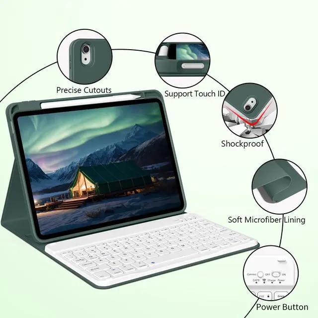 Alt view image 2 of 5 - Keyboard Case for iPad (A16) 11th/10th Generation 2025/2022 with Pencil Holder, Detachable Wireless Bluetooth Fast Pairing Keyboard, Durable Soft TPU Cover for 11" iPad11/10.9" iPad10 Gen, Green