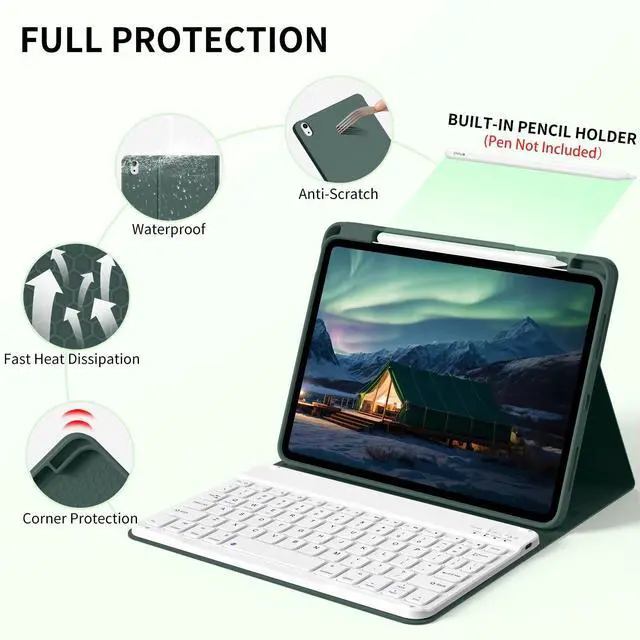 Alt view image 3 of 5 - Keyboard Case for iPad (A16) 11th/10th Generation 2025/2022 with Pencil Holder, Detachable Wireless Bluetooth Fast Pairing Keyboard, Durable Soft TPU Cover for 11" iPad11/10.9" iPad10 Gen, Green