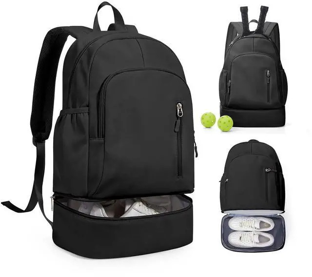 Main image of Black Gym Backpack for Women Men with Expandable Shoe Compartment, Mini Foldable Outdoor Weekender Hiking Bag Sports Backpack for Swimming Fitness Yoga Dancing