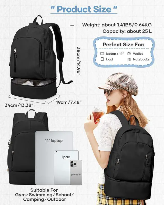 Alt view image 2 of 5 - Black Gym Backpack for Women Men with Expandable Shoe Compartment, Mini Foldable Outdoor Weekender Hiking Bag Sports Backpack for Swimming Fitness Yoga Dancing