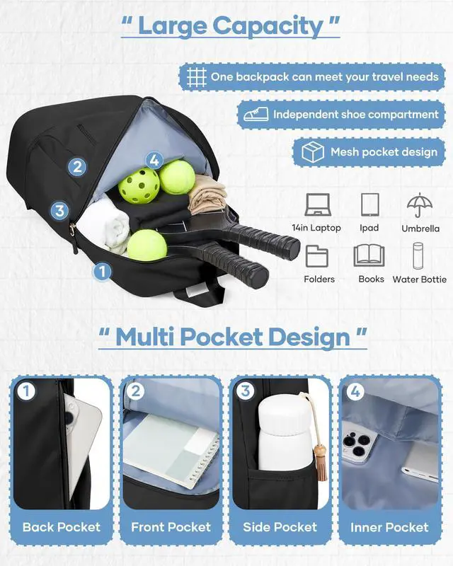 Alt view image 4 of 5 - Black Gym Backpack for Women Men with Expandable Shoe Compartment, Mini Foldable Outdoor Weekender Hiking Bag Sports Backpack for Swimming Fitness Yoga Dancing