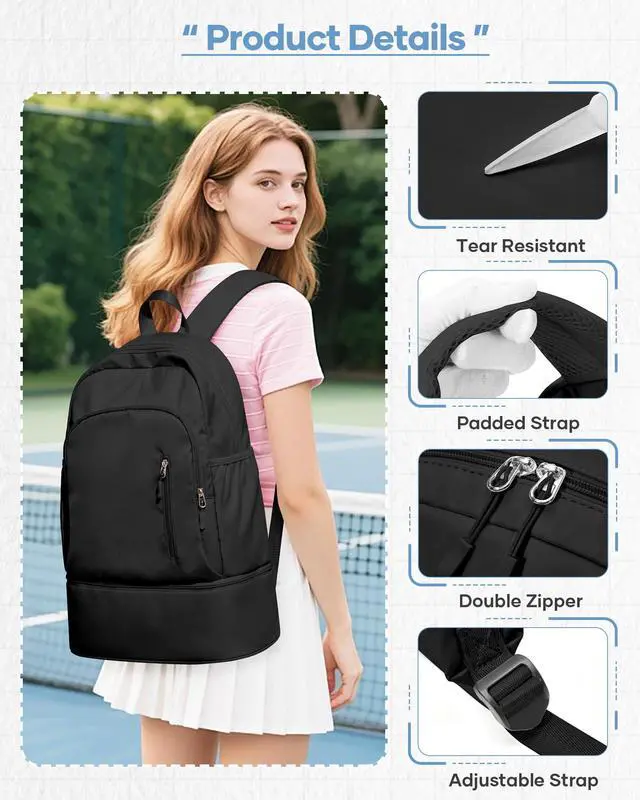 Alt view image 5 of 5 - Black Gym Backpack for Women Men with Expandable Shoe Compartment, Mini Foldable Outdoor Weekender Hiking Bag Sports Backpack for Swimming Fitness Yoga Dancing