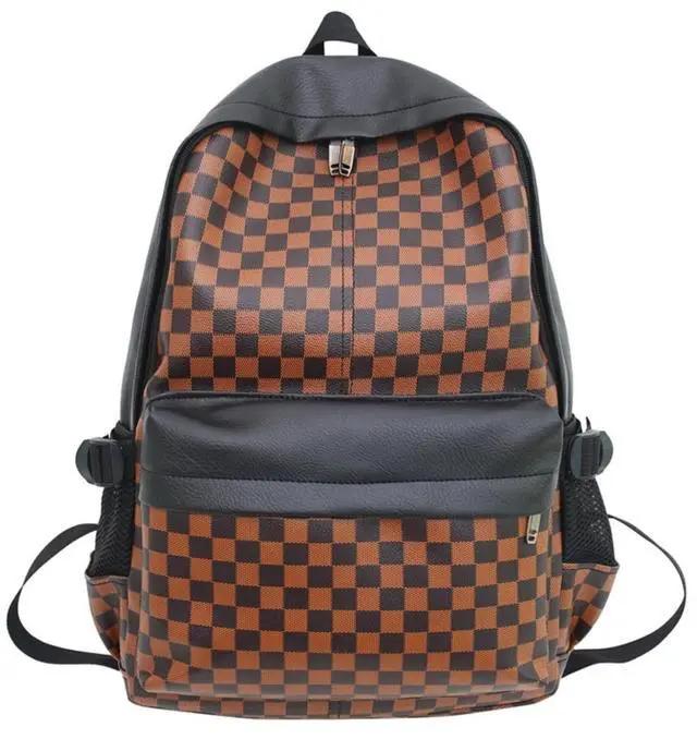 Main image of MININAI Checkered Aesthetic Backpack for Women Men Vintage PU Leather Cool Y2K Laptop Backpack Plaid Alt Emo Casual Daypack (One Size,Brown)