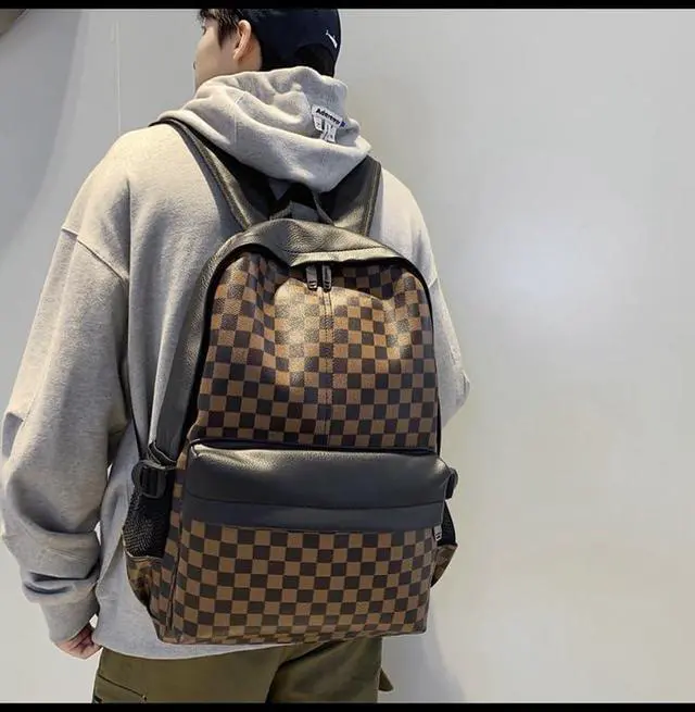 Alt view image 4 of 5 - MININAI Checkered Aesthetic Backpack for Women Men Vintage PU Leather Cool Y2K Laptop Backpack Plaid Alt Emo Casual Daypack (One Size,Brown)