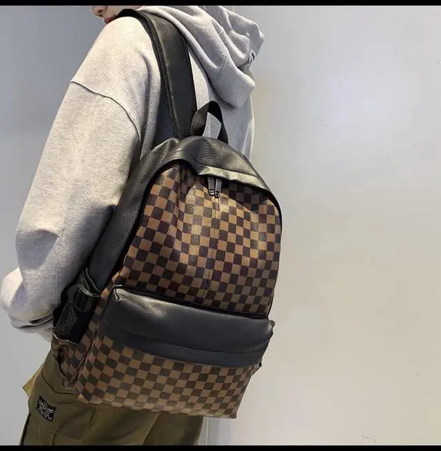 Alt view image 5 of 5 - MININAI Checkered Aesthetic Backpack for Women Men Vintage PU Leather Cool Y2K Laptop Backpack Plaid Alt Emo Casual Daypack (One Size,Brown)