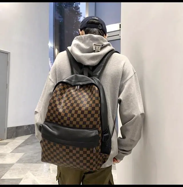 Alt view image 2 of 5 - MININAI Checkered Aesthetic Backpack for Women Men Vintage PU Leather Cool Y2K Laptop Backpack Plaid Alt Emo Casual Daypack (One Size,Brown)