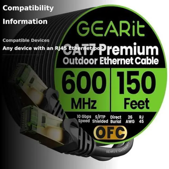 Alt view image 3 of 5 - GEARit Cat7 Outdoor Ethernet Cable (150ft) SFTP Shielded Foil Twisted Pair, Pure Copper, LLDPE, Waterproof, Direct Burial, In-Ground, UV Resistant, POE, Network, LAN, Internet, Cat 7-150 Feet