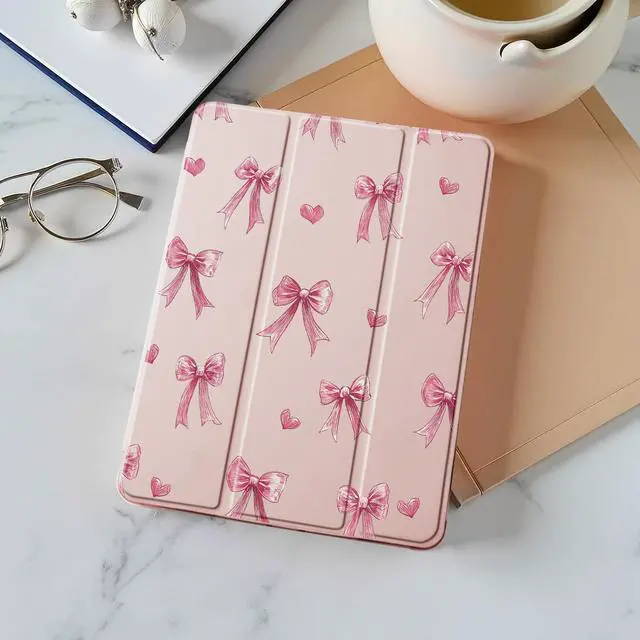 Alt view image 2 of 5 - Idocolors Kawaii Pink Bow Pad Case for 10.2 Inch iPad 9th/7th/8th Generation, Clear TPU Stand Back Cover with Pencil Holder, Pink Auto Wake/Sleep Adjustable Protective iPad 2021/2020/2019 Case