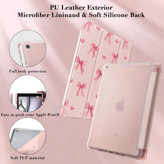 Alt view image 4 of 5 - Idocolors Kawaii Pink Bow Pad Case for 10.2 Inch iPad 9th/7th/8th Generation, Clear TPU Stand Back Cover with Pencil Holder, Pink Auto Wake/Sleep Adjustable Protective iPad 2021/2020/2019 Case