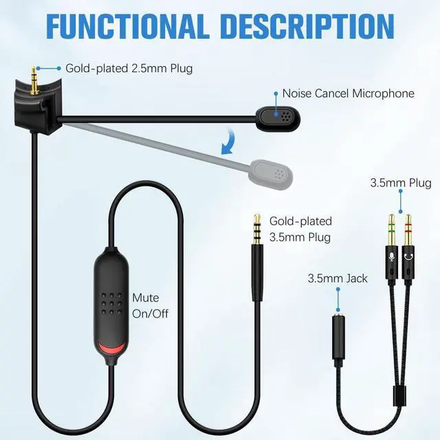 Alt view image 3 of 5 - CLANMOU Universal Detachable Boom Mic for Bose QuietComfort 35 II(QC35 II) & Quiet Comfort 35(QC35) Headphones  Compatible with PS5, PS4, Xbox One & PC (Built-in Mute Switch)