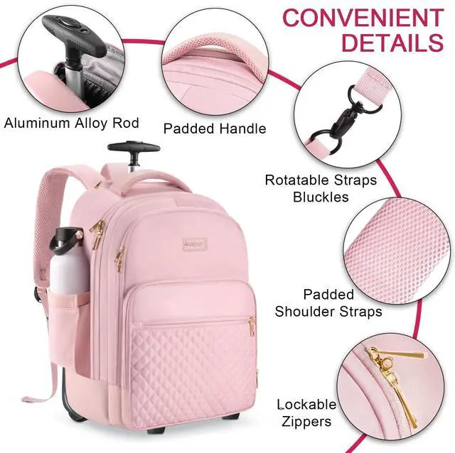 Alt view image 2 of 5 - Arcoyard Rolling Backpack Carry On Luggage For Adults With Wheels, 40L Wheeled Backpack For Women, Travel Roller Backpack, Rolling Bag, Pink