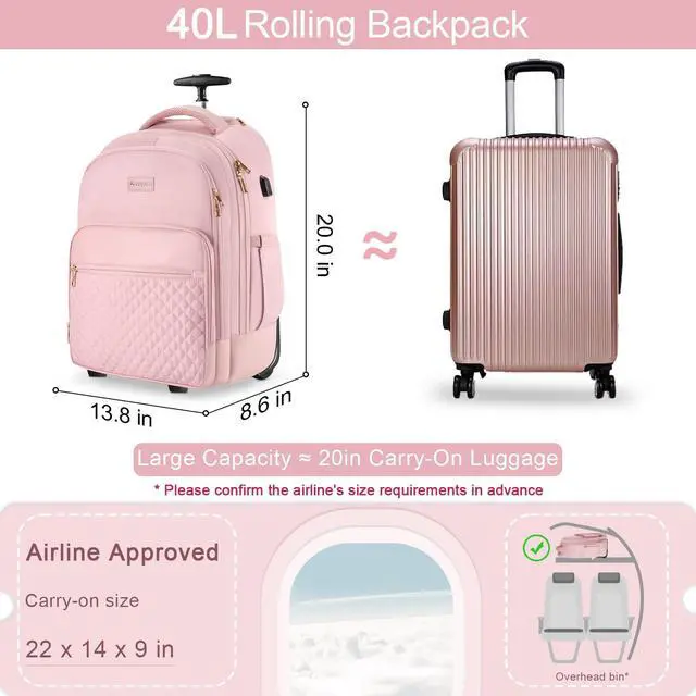Alt view image 5 of 5 - Arcoyard Rolling Backpack Carry On Luggage For Adults With Wheels, 40L Wheeled Backpack For Women, Travel Roller Backpack, Rolling Bag, Pink