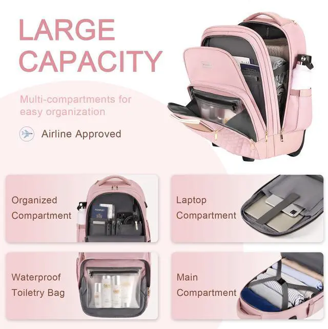 Alt view image 4 of 5 - Arcoyard Rolling Backpack Carry On Luggage For Adults With Wheels, 40L Wheeled Backpack For Women, Travel Roller Backpack, Rolling Bag, Pink