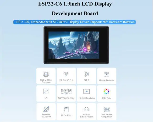 Alt view image 2 of 5 - ESP32-C6 with 1.9inch Touch LCD Display Development Board, 170 x 320, 262K Color, 160MHz Running Frequency RISC-V Single-Core Processor, W-iF-i 6 & Blue-Tooth, Supports 90° Hardware Rotation