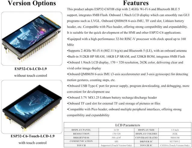 Alt view image 3 of 5 - ESP32-C6 with 1.9inch Touch LCD Display Development Board, 170 x 320, 262K Color, 160MHz Running Frequency RISC-V Single-Core Processor, W-iF-i 6 & Blue-Tooth, Supports 90° Hardware Rotation