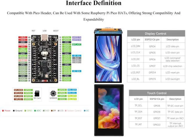 Alt view image 4 of 5 - ESP32-C6 with 1.9inch Touch LCD Display Development Board, 170 x 320, 262K Color, 160MHz Running Frequency RISC-V Single-Core Processor, W-iF-i 6 & Blue-Tooth, Supports 90° Hardware Rotation