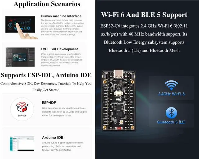 Alt view image 5 of 5 - ESP32-C6 with 1.9inch Touch LCD Display Development Board, 170 x 320, 262K Color, 160MHz Running Frequency RISC-V Single-Core Processor, W-iF-i 6 & Blue-Tooth, Supports 90° Hardware Rotation