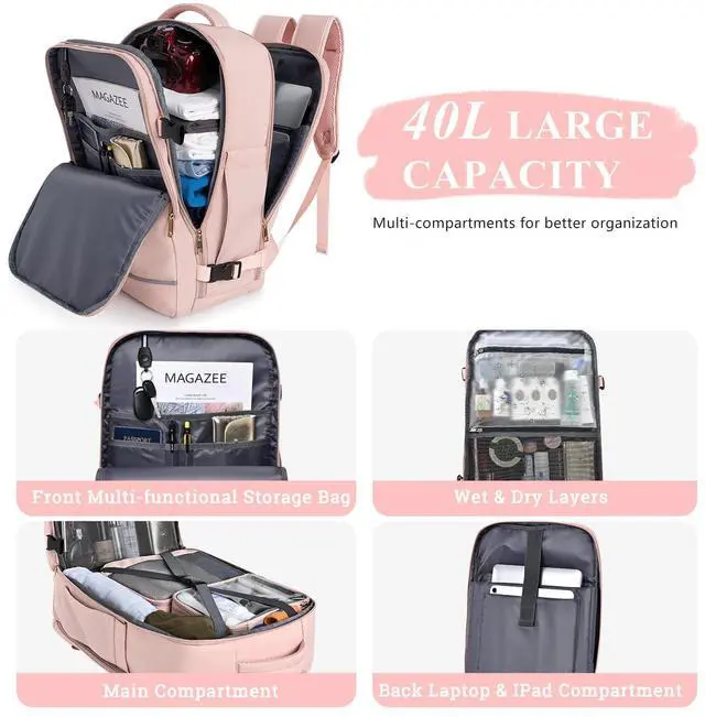 Alt view image 4 of 5 - Sinaliy Large Travel Backpack for Women, 40L Travel Bag Personal Item Size, Laptop Backpacks, Waterproof Carry On Backpack with Packing Cubes for College Business Hiking Work Essentials, Pink