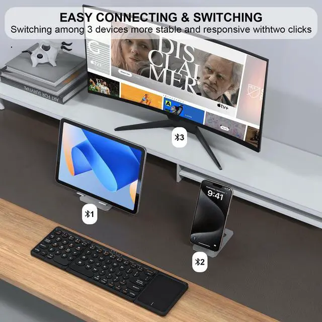 Alt view image 3 of 5 - Foldable Bluetooth Keyboard with Touchpad - Portable Wireless Keyboard, Rechargeable Full Size Ultra Slim Pocket Folding Keyboards for Android Windows iOS Tablet & Laptop