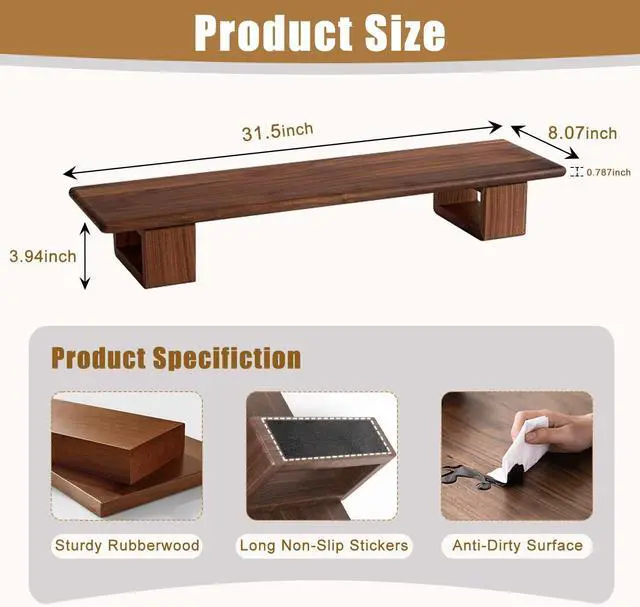 Alt view image 2 of 5 - Buzleer Dual Monitor Stand Riser, Rubber Wood Computer Monitor Stand No Assembly Required Exquisite Monitor Stand for Computer Laptop Printer TV
