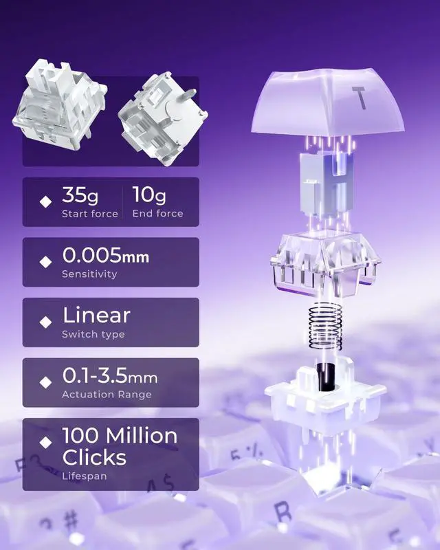 Alt view image 3 of 5 - GravaStar Mercury V75 Gaming Keyboard  HallEffect MagneticSwitch Keyboard, 79Key, 8000Hz Polling, 0.005RT, Wired USB-C, RGB Backlit, Adjustable Actuation, SemiAluminum Chassis (Lavender Purple)