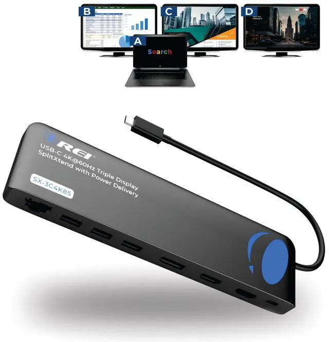 Main image of OREI SplitExtend 4K Splitter Extended Display Triple Monitor 2, 1 DisplayPort Docking Station 4 Separate Screens - USB-C to HDMI Adapter, 100W PD LAN, 4 USB 3.0, MircoSD, Windows, Mac OS