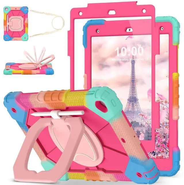 Main image of WESOROL Case for iPad 9th/8th/7th Generation 10.2 Inch iPad 9th Generation Case with Screen Protector Rotating Stand Pencil Holder Heavy Duty Shockproof Cover for 9th Gen iPad Case Kids,Colorful Pink