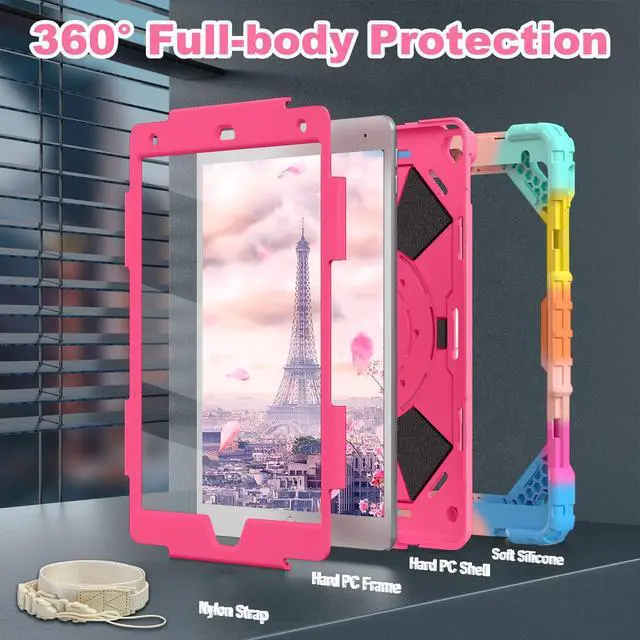 Alt view image 2 of 5 - WESOROL Case for iPad 9th/8th/7th Generation 10.2 Inch iPad 9th Generation Case with Screen Protector Rotating Stand Pencil Holder Heavy Duty Shockproof Cover for 9th Gen iPad Case Kids,Colorful Pink