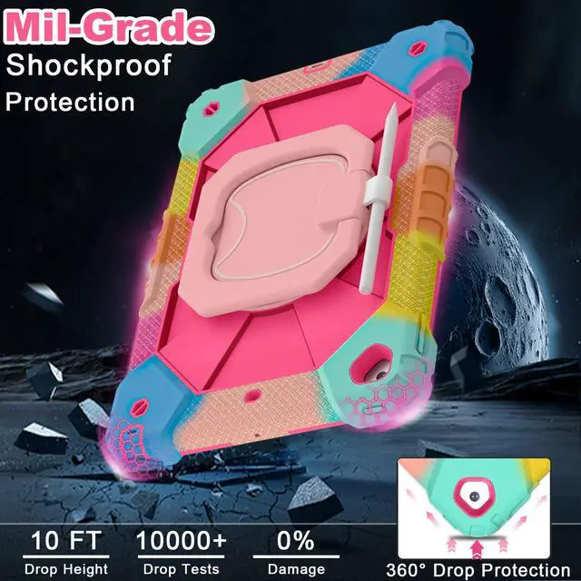 Alt view image 3 of 5 - WESOROL Case for iPad 9th/8th/7th Generation 10.2 Inch iPad 9th Generation Case with Screen Protector Rotating Stand Pencil Holder Heavy Duty Shockproof Cover for 9th Gen iPad Case Kids,Colorful Pink