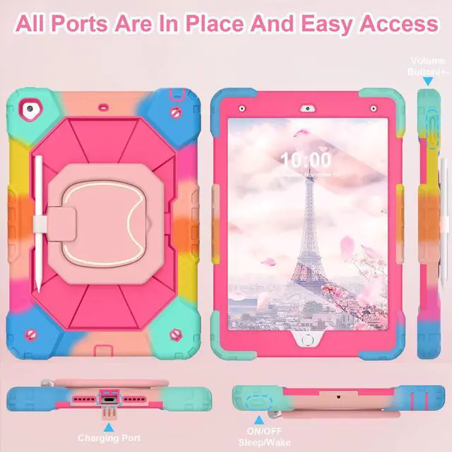 Alt view image 5 of 5 - WESOROL Case for iPad 9th/8th/7th Generation 10.2 Inch iPad 9th Generation Case with Screen Protector Rotating Stand Pencil Holder Heavy Duty Shockproof Cover for 9th Gen iPad Case Kids,Colorful Pink