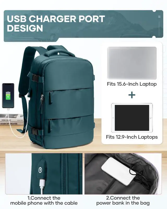 Alt view image 5 of 5 - VENATIN Vacuum Backpack Travel,Travel Backpack with Vacuum System, Easy Vac Pack Backpack with Pump,United Airlines Approved 18×14×8 inch Personal Item Travel Bag Laptop Bag,Peacock Blue