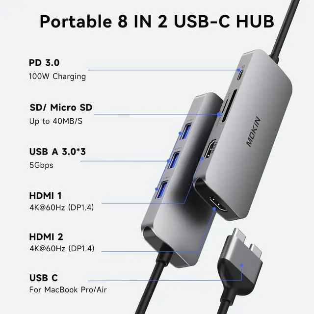 Alt view image 2 of 5 - Docking Station for MacBook Pro Air, Mac Docking Station Dual Monitor, MacBook Pro/Air Dock with Dual HDMI(4K @60Hz), 3 USB3.0,SD TF Card Reader and 100W PD MacBook USB C Hub