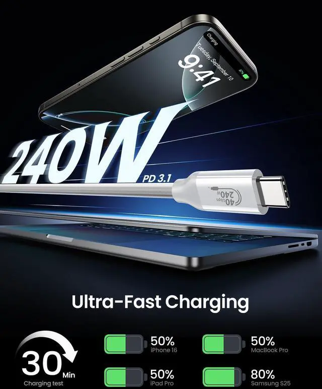 Alt view image 5 of 5 - Silkland USB 4 Cable for Thunderbolt 4 [10FT/3M], 40Gbps Data Sync, 8K/5K@60Hz, 240W Fast Charging, USB C Thunderbolt Cable, Compatible for MacBook, iPhone 16, iPad, SSD, Docking, eGPU, White