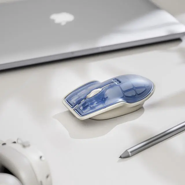 Alt view image 5 of 5 - LUNAR ARTEFACTS Ambidextrous Rechargeable Bluetooth Wireless Computer Mouse Blue Translucent with White Powder Coated Aluminum, USB-C