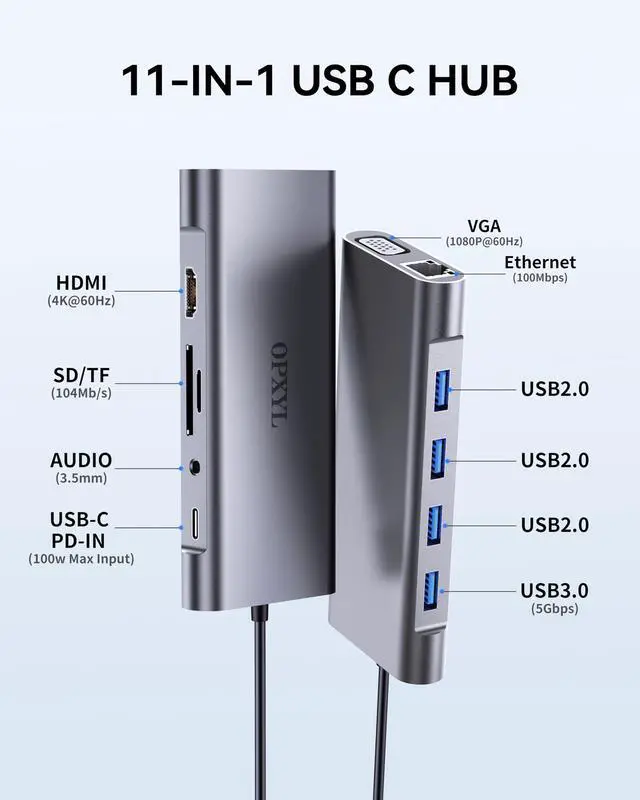Alt view image 2 of 5 - OPXYL 11-in-1 USB C Hub Multiport Adapter, USB C Docking Station with 4K HDMI, VGA 1080P, 100W PD, Ethernet, SD/TF, Audio, USB 3.0 Port, Laptop Dock for MacBook Pro/Air, iPad, Windows