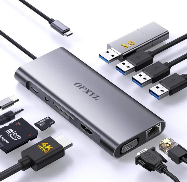 Main image of OPXYL 11-in-1 USB C Hub Multiport Adapter, USB C Docking Station with 4K HDMI, VGA 1080P, 100W PD, Ethernet, SD/TF, Audio, USB 3.0 Port, Laptop Dock for MacBook Pro/Air, iPad, Windows