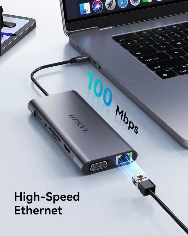Alt view image 4 of 5 - OPXYL 11-in-1 USB C Hub Multiport Adapter, USB C Docking Station with 4K HDMI, VGA 1080P, 100W PD, Ethernet, SD/TF, Audio, USB 3.0 Port, Laptop Dock for MacBook Pro/Air, iPad, Windows