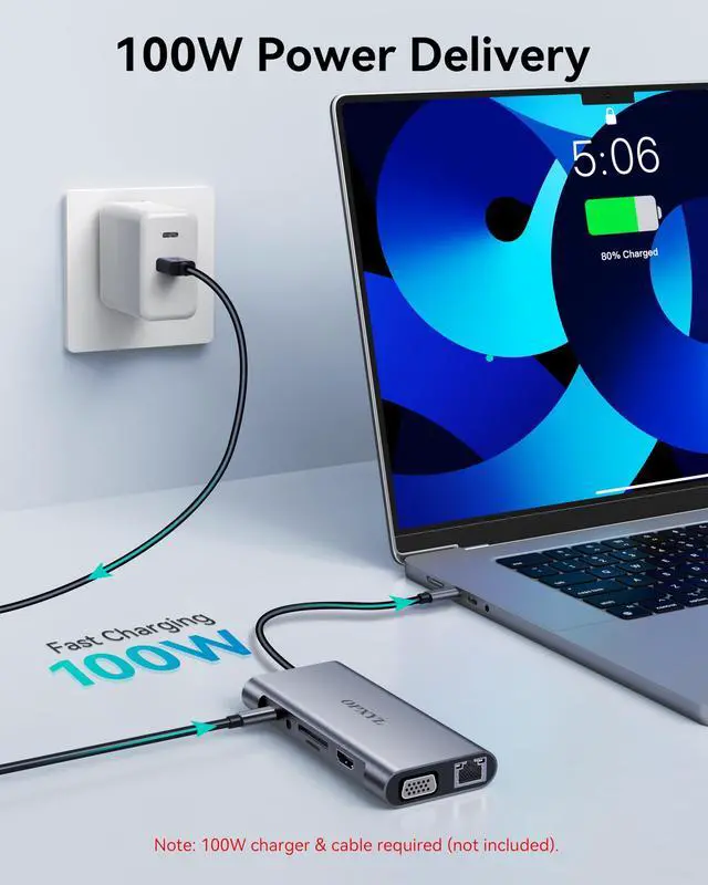 Alt view image 3 of 5 - OPXYL 11-in-1 USB C Hub Multiport Adapter, USB C Docking Station with 4K HDMI, VGA 1080P, 100W PD, Ethernet, SD/TF, Audio, USB 3.0 Port, Laptop Dock for MacBook Pro/Air, iPad, Windows