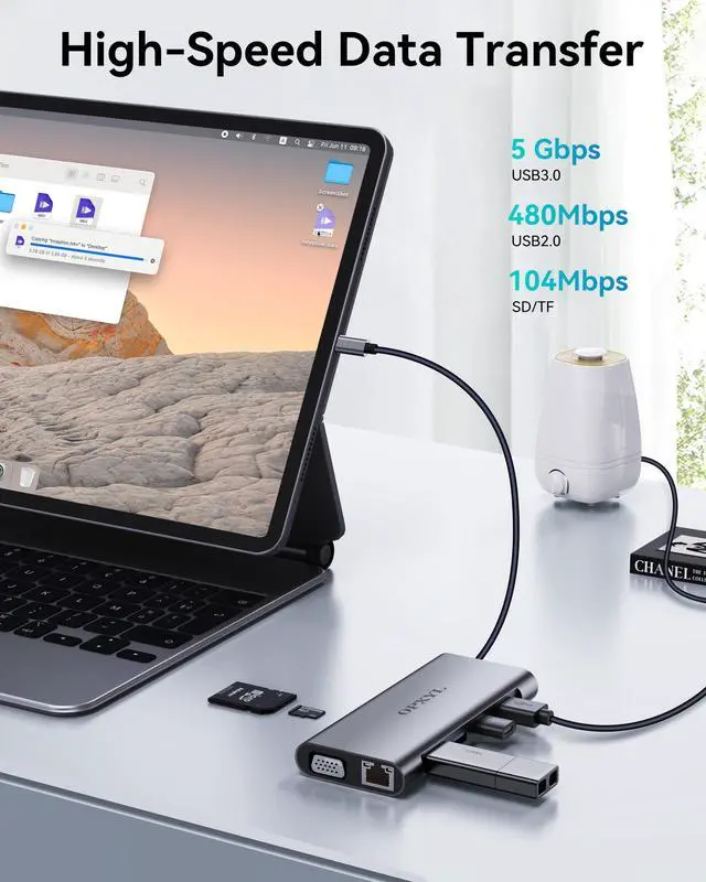 Alt view image 5 of 5 - OPXYL 11-in-1 USB C Hub Multiport Adapter, USB C Docking Station with 4K HDMI, VGA 1080P, 100W PD, Ethernet, SD/TF, Audio, USB 3.0 Port, Laptop Dock for MacBook Pro/Air, iPad, Windows