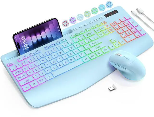 Main image of Wireless Keyboard and Mouse Combo, 9 Backlit Effects, Wrist Rest, Phone Holder, 3 DPI Speed, 2.4G Ergonomic Keyboards, Rechargeable Silent Cordless Set for Computer, Laptop, Mac, Windows, Blue-SABLUTE