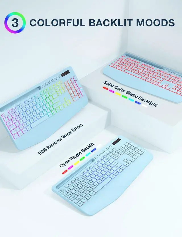 Alt view image 2 of 5 - Wireless Keyboard and Mouse Combo, 9 Backlit Effects, Wrist Rest, Phone Holder, 3 DPI Speed, 2.4G Ergonomic Keyboards, Rechargeable Silent Cordless Set for Computer, Laptop, Mac, Windows, Blue-SABLUTE