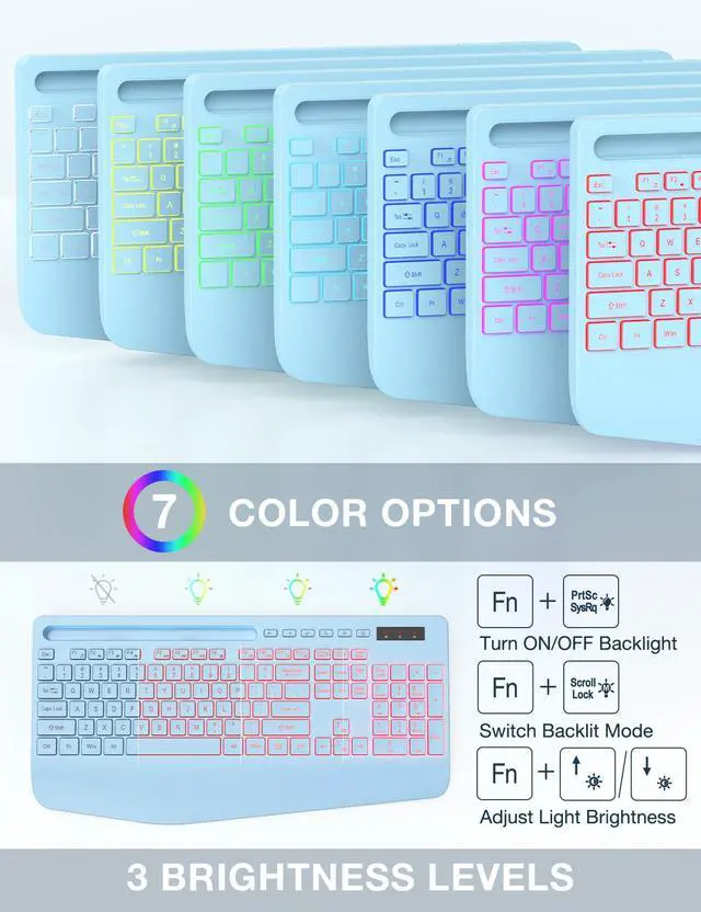 Alt view image 3 of 5 - Wireless Keyboard and Mouse Combo, 9 Backlit Effects, Wrist Rest, Phone Holder, 3 DPI Speed, 2.4G Ergonomic Keyboards, Rechargeable Silent Cordless Set for Computer, Laptop, Mac, Windows, Blue-SABLUTE