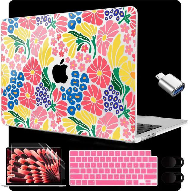 Main image of MEEgoodo for M4/M3/M2 MacBook Air 15.3 inch Case 2025 2024 2023, Case Fit Model (A3241/A3114/A2941) for MacBook Air 15 inch, Laptop Hard Shell with Keyboard Cover, Groovy Flower