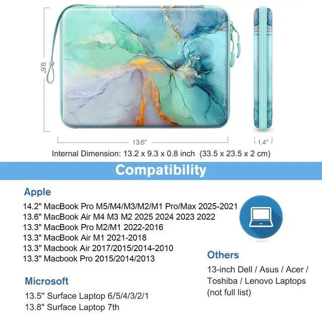 Alt view image 2 of 5 - FINPAC Hard Laptop Sleeve Case for 13 inch MacBook Air M3 M2 M1 2024, 14 inch MacBook Pro M4/M3/M2/M1 A2918 A2992 A2779 A2442, Waterproof Case for Dell, Surface Laptop, HP, Acer, Emerald Marble