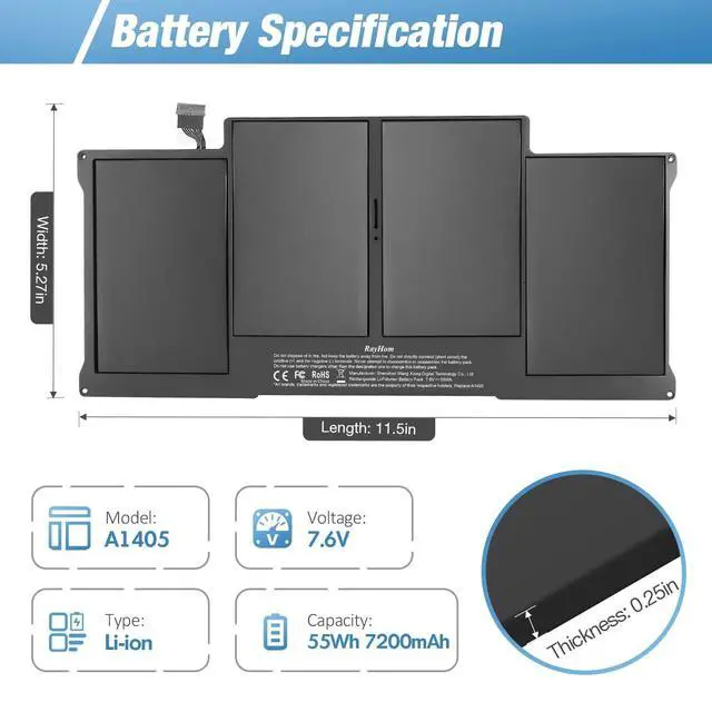 Alt view image 2 of 5 - RayHom 7200mAh Replacement Battery for MacBook Air 13" A1466 (2012-2017) & A1369 (2010-2011), High Performance, Compatible with A1496 A1405 A1377, Easy Installation