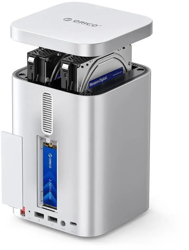 Main image of ORICO MiniTower 2 Bay RAID Enclosure Compatible NVMe SSD 10Gbps with Expansion Hub Docking Station for Mac mini M4 Max Up to 56TB-M435