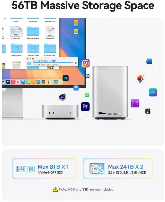 Alt view image 3 of 5 - ORICO MiniTower 2 Bay RAID Enclosure Compatible NVMe SSD 10Gbps with Expansion Hub Docking Station for Mac mini M4 Max Up to 56TB-M435