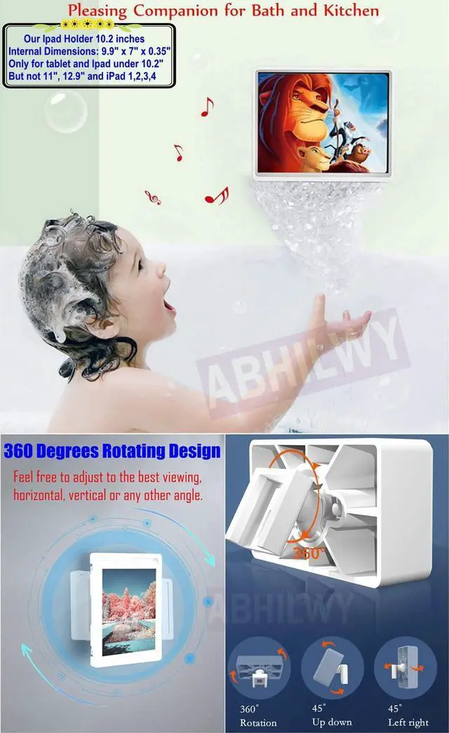 Alt view image 2 of 5 - ABHILWY Shower Tablet Holder Waterproof Compatible with Ipad, Wall Mounted Bathroom Tablet Case 360° Rotation,Adhesive Touchable Cradle with Glass Anti-Fog Screen for Bathtub Kitchen White R
