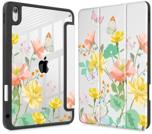 May Chen Case for iPad Air 11 (M3 2025 / M2 2024) 7th 6th, iPad Air 4 & 5 10.9 Inch 5th 4th (2022/2020) - Pencel Holder + Auto Sleep/Wake, Transparent Shockproof Back Cover, Butterfly Garden