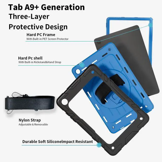 Alt view image 2 of 5 - Stweap Case for Samsung Galaxy Tab A9+/ A9 Plus Case 11" 2023 (SM-X210/X216/X218), Heavy Duty Shockproof Protective Case with Screen Protector, Rotating Stand and Hand/Shoulder Strap (Black+SkyBlue)